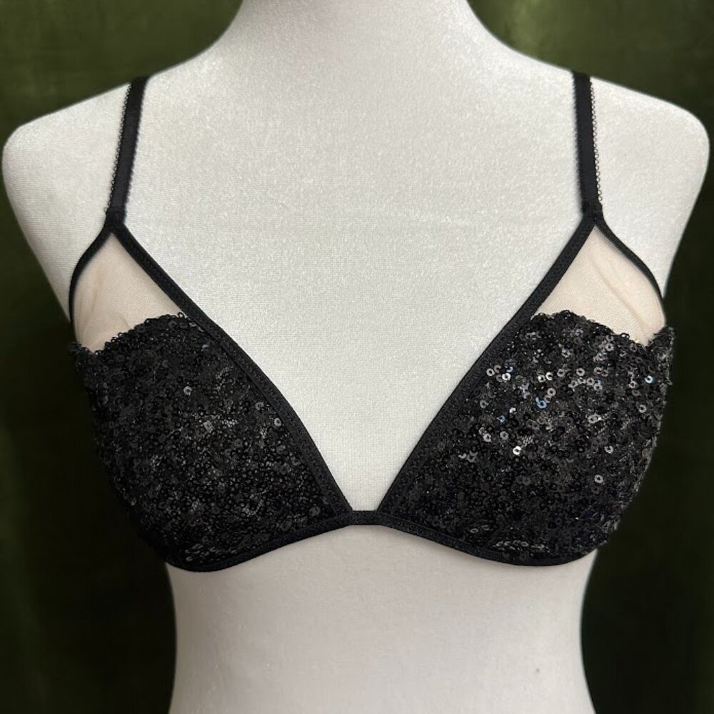Victoria Secret Bralette Sheer Black Embellished Sequins Bra Size S/P